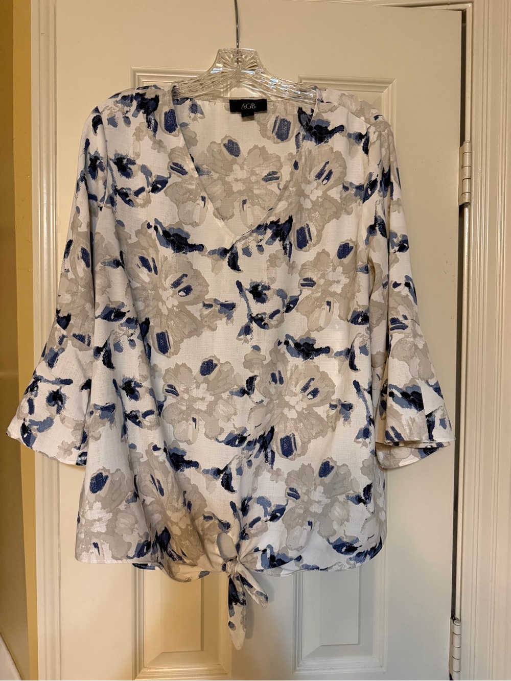 AGB White Floral V-Neck Tie-Hem Tunic with Blue and Gray Print